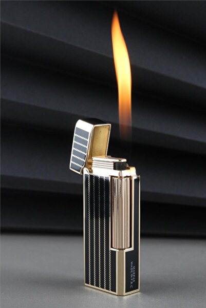 Silvio Monetti Kapaklı Özel Tasarım Alevli Siyah Altın Çizgili Gazlı Çakmak C...