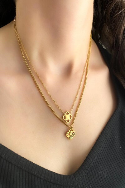 DEMOKAN Kadın Çelik Kolye 2'li Düz Desen Yonca Kolye