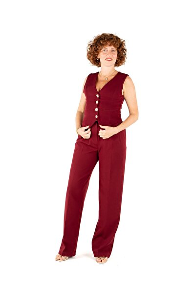 Portakal Esintisi Geometrik Düğmeli Kadın Yelek Pantolon Takım