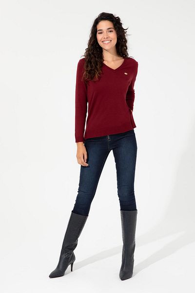 U.S. Polo Assn. ASSN POLO din SUA. Pulover de damă cu decolteu în V roșu Claret - 50251912-VR014