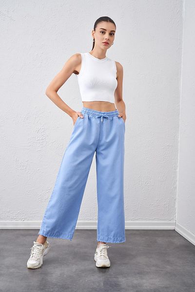 TENA Pantaloni de damă cu cravată albastră cu talie cu curea largă