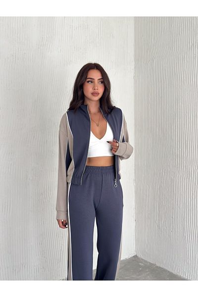 Gugus AYSHO Model Women Trend Σετ αθλητικής φόρμας - όρθιος γιακάς, φερμουάρ, φαρδιά πόδια και λεπτομέρεια με ρίγες