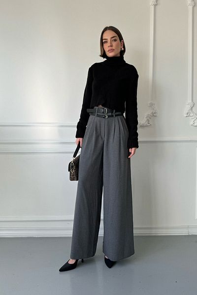 MAGARDE Grey Pleated Palazzo Belt - with Its Design