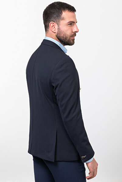 Mcr Striped Slim Fit Wide Collar Double Breasted Men's Jacket Navy Blue - 40286.23Y