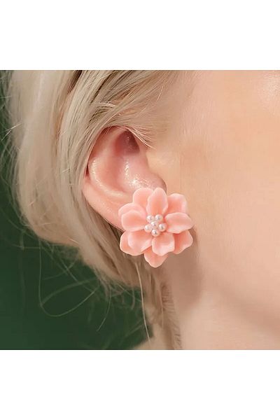 Power Es Tarnish Stainless Pink Color Camellia Flower Model Earrings with Pearls
