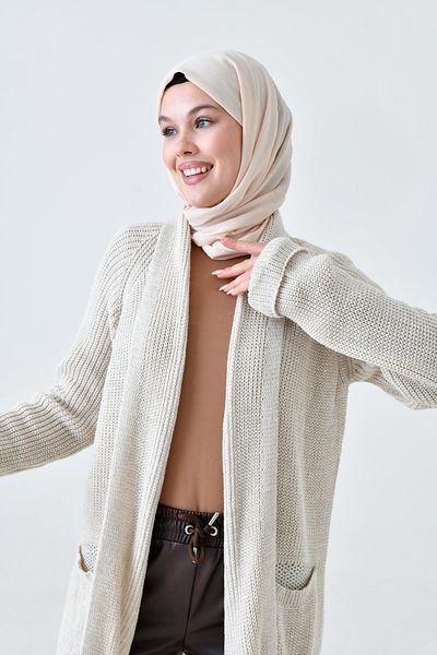 lovebox Stone Color Knitwear Women's Cardigan - Double Pocket, Shawl Collar, Long Hijab Clothing 5001