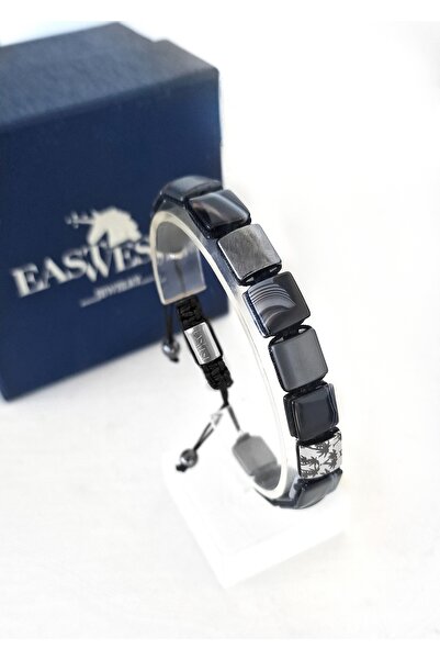 EAST&WEST 925 Ayar Gümüş Kare Akik Ve Hematit Doğaltaş Gümüş Bileklik