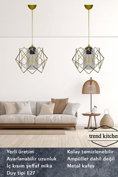 Trend Kitchen 2 قطعة تصميم ذهبي للمطبخ، المدخل، القاعة، غرفة المعيشة، مصباح معلق من زجاج الميكا الشفاف