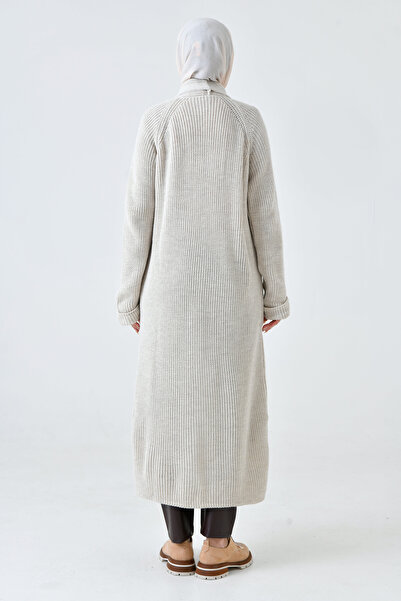 lovebox Stone Color Knitwear Women's Cardigan - Double Pocket, Shawl Collar, Long Hijab Clothing 5001