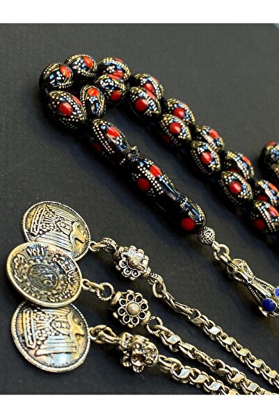 KAPALIÇARŞITESBİHCİSİ DOĞAL SİYAH İNCİ YUSURİ TESBİH GÜMÜŞ MERCAN FİRUZE İŞLEMELİ