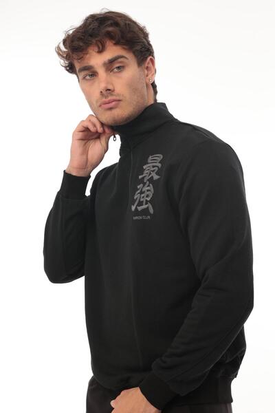 Miron Hanorac negru cu trei fire, cu fermoar, cu detaliu de broderie, cu croiala normală - 2327