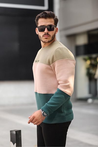 Miron Φούτερ Khaki Kamel Nefti Three Color Block Piece Crew Neck με τρεις κλωστές κανονική εφαρμογή - 2436