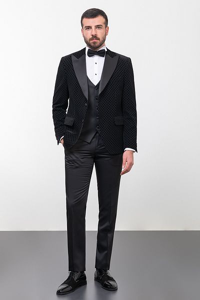 Mcr Mintás fekete színű Slim Fit széles gallérú bársony férfi vőlegény öltöny