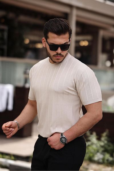 Miron Μπεζ ανάγλυφο πλεκτό κοντομάνικο μπλουζάκι - Crew Neck 2430