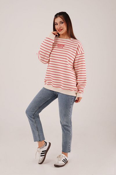 Hipo Trend Boston Embroidered Three Thread Red Striped Sweatshirt