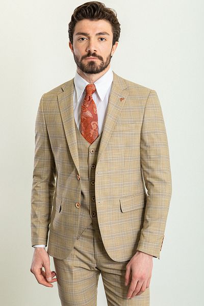 Mcr Ανδρικό κοστούμι καρό μπεζ Slim Fit Mono γιακά