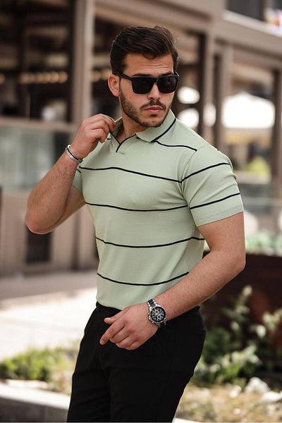 Miron Πλεκτό μπλουζάκι Polo Neck Aqua Green ριγέ - 2427