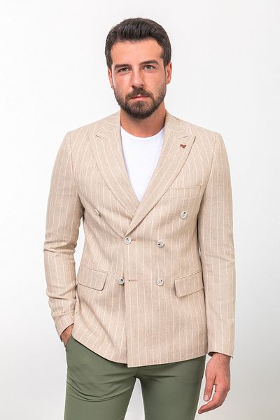 Mcr Striped Slim Fit Wide Collar Double Breasted Linen Men's Jacket Beige - 40305.23Y