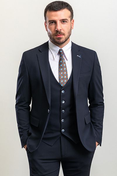 Mcr Striped Slim Fit Mono Collar Men's Suit Navy Blue - 45201.23Y