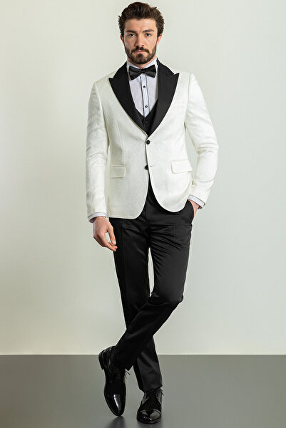 Mcr Desenli Slim Fit Geniş Yaka Saten Erkek Damatlık Ekru - 45244.23Y