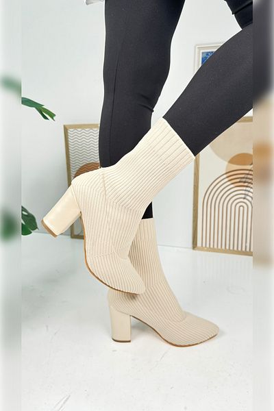 İmerShoes Μπεζ Stretch κάλτσες - καθημερινές γυναικείες μπότες, πλεκτά χοντρό ψηλό τακούνι, ριγέ μυτερή μύτη 167
