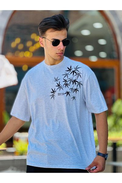 Miron Oversize Leaf Κεντημένο Γκρι T-Shirt - Κοντό μανίκι 2306