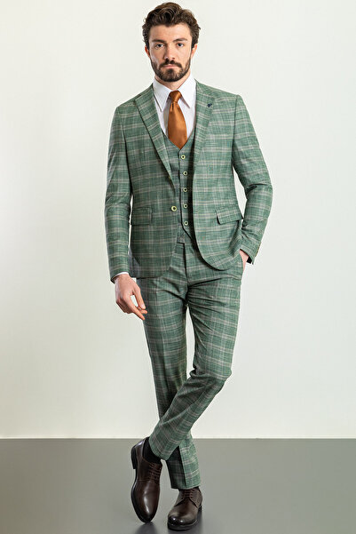 Mcr Ekoseli Slim Fit Mono Yaka Erkek Takım Elbise Haki - 45230.23Y