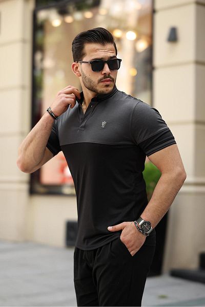 Miron Καπνιστό μαύρο Kagi Ston Piece Polo γιακά κοντομάνικο T-shirt - 2402
