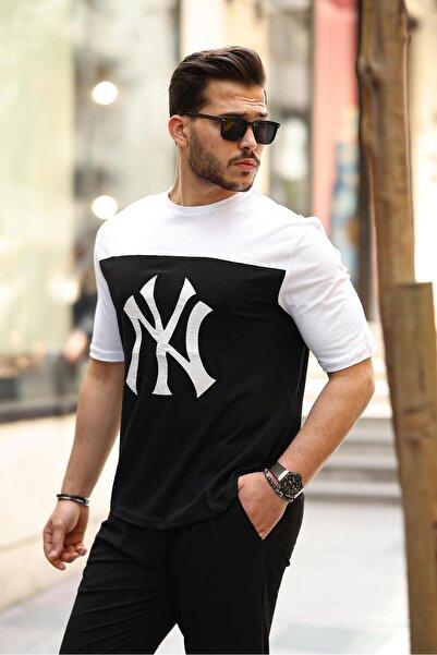 Miron Λευκό μαύρο κέντημα και στάμπα με λεπτομερή υπερμεγέθη κοντομάνικο μπλουζάκι - 2406