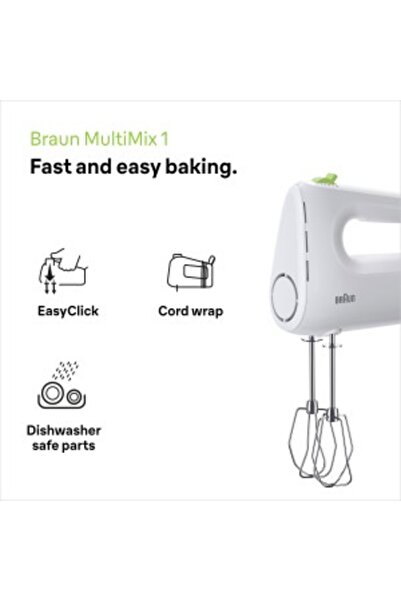 Braun MultiMix 1 Hand Mixer 450W, FastMix 4 Speed + Turbo, 2 Stainless Steel dough hooks - HM 1100