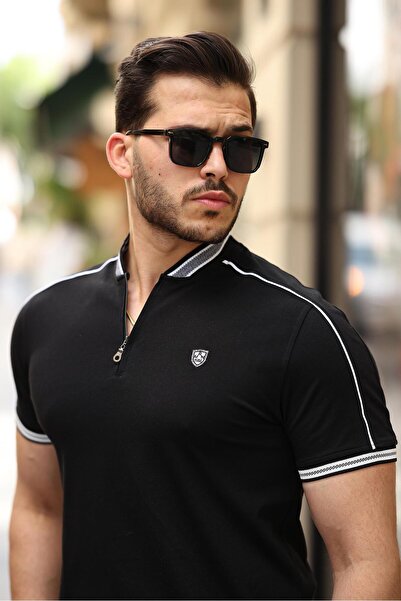 Miron Černé tričko s krátkým rukávem s polovičním límcem na zip - 2408