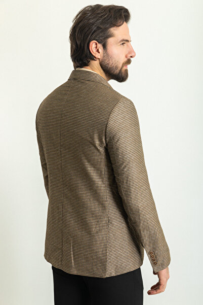 Mcr Kareli Slim Fit Mono Yaka Keten Erkek Ceket Kahve - 40300.23Y