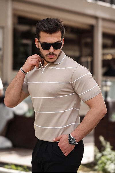 Miron Μπλουζάκι Polo Neck Beige ριγέ πλεκτό - 2427