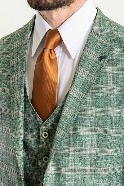Mcr Kockás Khaki Slim Fit Mono galléros férfi öltöny