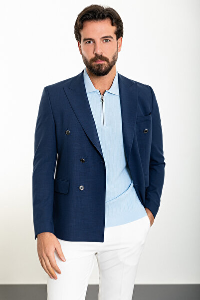 Mcr Straight Slim Fit Mono Collar Double Breasted Linen Men's Jacket Navy Blue - 40301.23Y