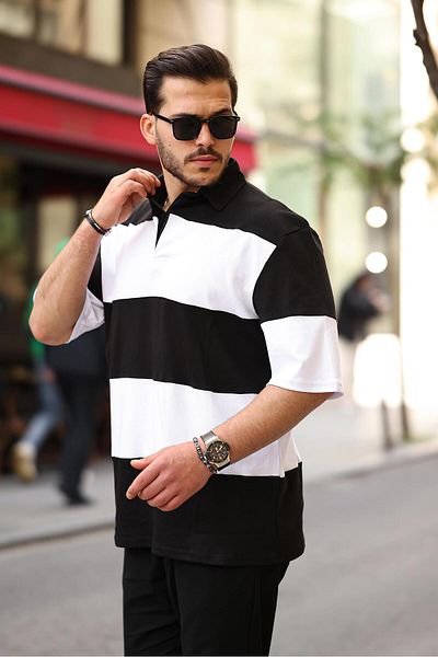 Miron Tricou supradimensionat alb și negru cu gât polo - bucată bloc, 2410