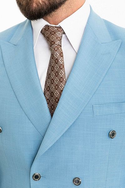 Mcr Straight Slim Fit Mono Collar Double Breasted Linen Men's Jacket Blue - 40301.23Y