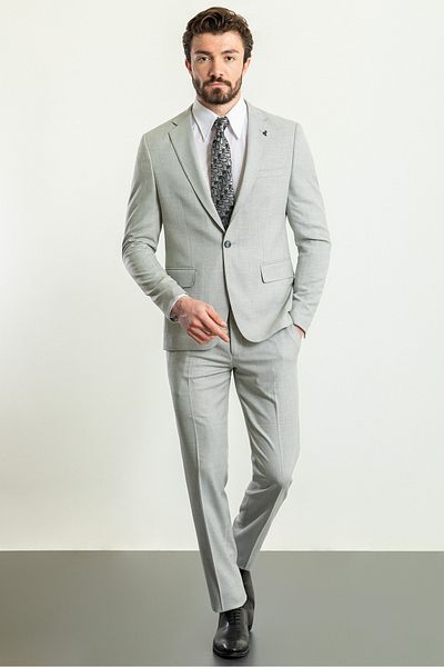 Mcr Straight Slim Fit Mono Collar Linen Men's Suit Light Gray - 45227.23Y