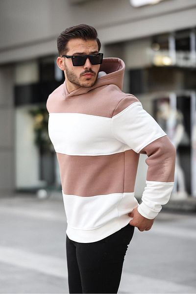 Miron Φούτερ με κουκούλα White Kamel Overisize - Τρεις κλωστές, Block Piece - 2316