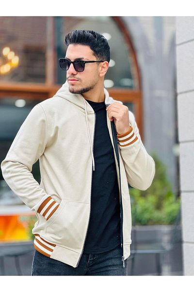 Miron Beige Unisex Embroidered Three Thread Hooded Full Zipper Regular Fit Cardigan