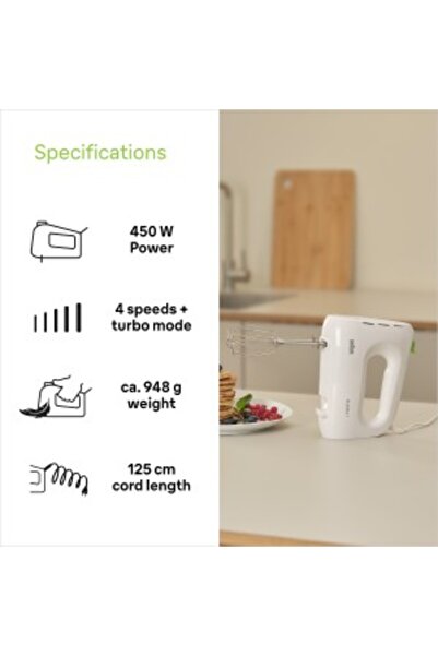 Braun MultiMix 1 Hand Mixer 450W, FastMix 4 Speed + Turbo, 2 Stainless Steel dough hooks - HM 1100