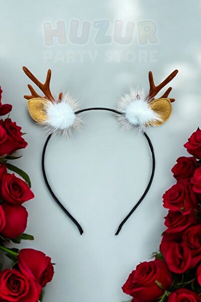 Huzur Party Store Καφέ κομψή χριστουγεννιάτικη κορώνα με σχέδιο ελαφιού κέρατο με λεπτομέρεια αυτιού με λευκό πομπόν Αξεσουάρ κορώνας για το νέο έτος