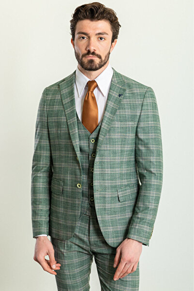Mcr Ekoseli Slim Fit Mono Yaka Erkek Takım Elbise Haki - 45230.23Y