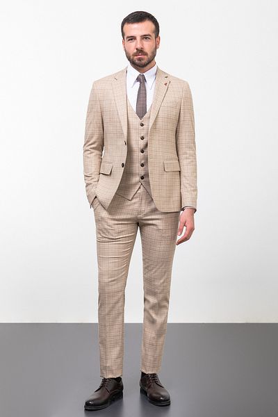 Mcr Ανδρικό κοστούμι καρό μπεζ Slim Fit Mono γιακά