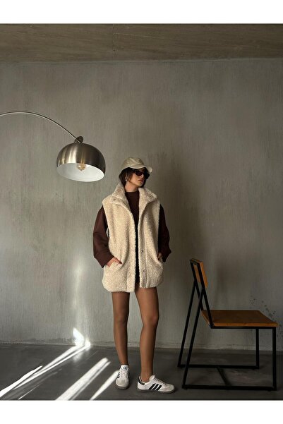 minaaise Women's Stone Hidden Snap Detailed Lined Plush Vest 28267