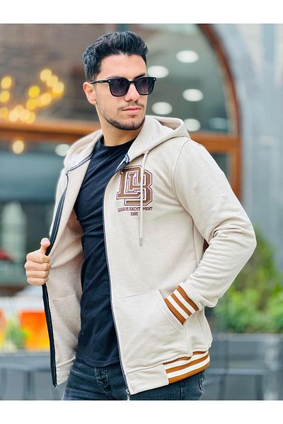 Miron Beige Unisex Embroidered Three Thread Hooded Full Zipper Regular Fit Cardigan