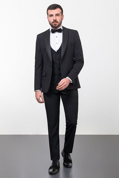 Mcr Straight Slim Fit Striped Wide Collar Men's Groom Suit Black - 45232.23Y