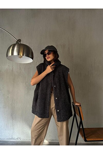 minaaise Women's Anthracite Concealed Snap Detailed Lined Plush Vest 28267