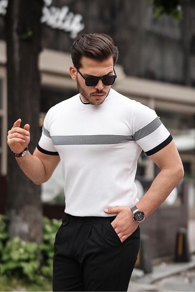 Miron Tricou din tricotaje alb cu dungi - Decolteu crew - 2418