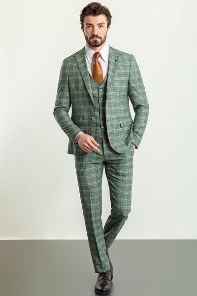 Mcr Kockás Khaki Slim Fit Mono galléros férfi öltöny